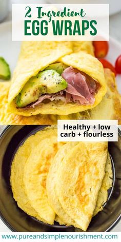 an egg wrap with ham and cheese on it is shown in two different pictures, one has