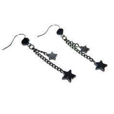 Tiny hematite stars suspended from delicate links of gunmetal chain on French earring hooks. Finished with jet black Swarovski crystal detail for just a touch of celestial sparkle. Made with Swarovski® crystals 1.5" long All jewelry comes beautifully gift wrapped Black Star-shaped Metal Jewelry, Black Star Shaped Metal Jewelry, Black Star Charm Earrings, Black Star-shaped Metal Earrings, Black Star-shaped Earrings For Party, Black Star-shaped Nickel-free Earrings, Nickel-free Black Star Earrings, Scene Earrings, Shine Like A Star