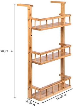 a wooden shelf with three shelves on each side and measurements for the bottom half of it