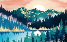 a painting of mountains and trees with the sun setting in the background