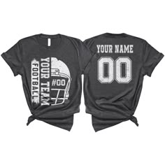 PRICES MAY VARY. PERSONALIZED T-SHIRT: A personalized Football T-shirt with name and shirt number will be the perfect gift for football lovers, mom, daughter, sister, niece, Wife, girlfriend,... Click on "Customize Now" and and start designing your unique shirt. MATERIAL: Solid colors are 100% cotton ( Black, White, Navy , Forest Green). Dark Heather colors are 50% cotton, 50% polyester. Sport Grey and Athletic Heather 90% cotton, 10% polyester. Color Dark Gray Heather and Heather Mauve 52% cott Homecoming Cheer Shirts, Customized Football Shirts, Fall Mom Shirt, Football Tshirts Designs, College Football Shirts Ideas, Family Football Shirts, School Football Shirts, Football Tee Shirts Ideas, Cricut Football Shirts Design