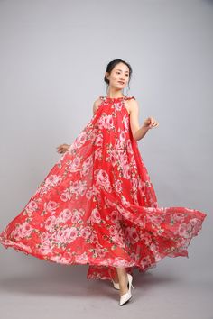 Chiffon Red Flower Long Party Dress Evening Wedding Lightweight Sundress Summer Holiday Beach Dress Bridesmaid Dress Maxi Skirt Detail Info: ❤ Color: Red flower as picture More color choice link: https://www.etsy.com/listing/213656440/chiffon-dress-color-card?ref=shop_home_feat_1 you just note the color you want with order, we will make according to your note. ❤ Material: Chiffon ❤ The dress doesn't limit the chest size and waist size, arm hole 45cm (if your upper arm circle circumference is mor Red Sleeveless Chiffon Dress, Chiffon A-line Maxi Dress For Vacation, Summer Wedding Chiffon Dress, Chiffon Floral Maxi Dress For Vacation, Flowy Summer Floral Chiffon Dress, Summer Floral Print A-line Chiffon Dress, Red A-line Chiffon Dress, Casual Chiffon Floor-length Maxi Dress, Red Maxi Length Chiffon Dress