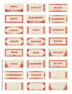 some red and white labels for different types of candy bars, including apples, grapes, cranberry, pears, peaches