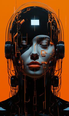 a woman with headphones on her ears and face is surrounded by orange lines that run across the image