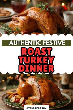 roasted turkey dinner with text overlaying authentic festive roast turkey dinner