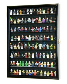 a display case filled with lego minifigures and star wars figurines