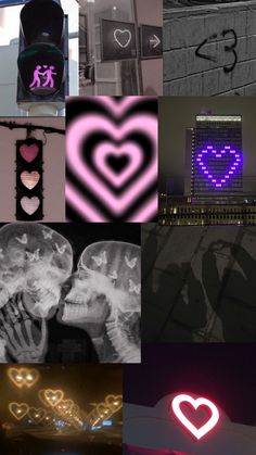 a collage of images with neon lights and heart shapes in the middle one has a street light