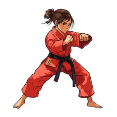 a woman in an orange kimono is doing karate