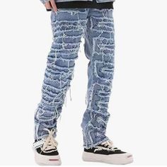 Excellent Quality The Most Trending Item In Men’s Fashion In 2023!!!!! Blue Jeans With Frayed Hem For Streetwear, Ripped Rigid Denim Blue Pants, Ripped Denim Blue Rigid Denim Pants, Ripped Denim Blue Pants In Rigid Denim, Distressed Blue Bottoms For Streetwear, Blue Urban Bottoms With Frayed Hem, Urban Blue Bottoms With Frayed Hem, Urban Ripped Denim Blue Pants, Urban Style Ripped Denim Blue Pants