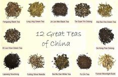 twelve different types of teas with the words'12 great teas of china '