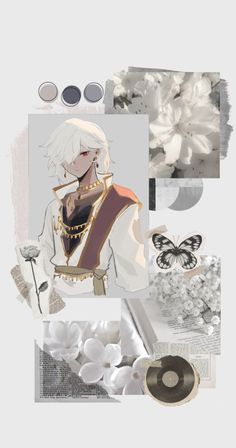 a collage with white flowers and other items