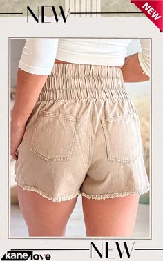 Khaki Smocked Elastic High Waist Casual Shorts High Waist Bottoms With Smocked Back For Spring, Summer Stretch Bottoms With Smocked Back, Casual Stretch Bottoms With Smocked Bodice, Beige Paperbag Waist Bottoms With Elastic Waistband, High Waist Smocked Back Bottoms For Vacation, Beige Paperbag Waist Bottoms With Elastic Band, Casual Beach Bottoms With Smocked Bodice, Casual Spring Bottoms With Smocked Bodice, Beach Cotton Bottoms With Smocked Bodice