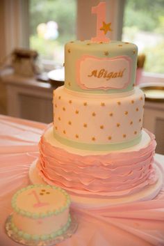 a three tiered cake sitting on top of a table