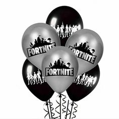 five black and white balloons with fortnite on them