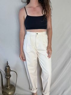 Incredibly high waist vintage trousers in an ivory color 100% cotton Chic Cotton Ankle-length Chinos, Chic Cotton Chinos For Spring, Chic Spring Cotton Chinos, Chic Cotton Chinos With Tapered Leg, Chic Cotton Chinos Trousers, Chic Cotton Chinos, Chic Ankle-length Cotton Bottoms, Chic Cotton Cargo Pants, Cream Tapered Leg Summer Pants