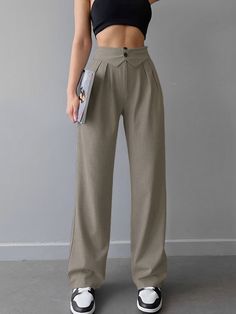 Street Fold Over Waistband Straight Leg Dress Pants Straight Leg Dress Pants, Europe Style, Wide Leg Dress Pants, Winter Pants, Plain Style, Short Mini Dress, Swimwear Outfit, Pants Length, Pair Of Pants