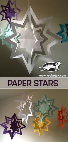 paper stars are hanging from the ceiling in different colors and sizes, with text overlaying them