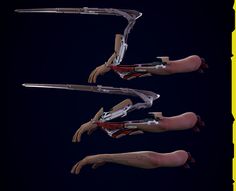 three different poses of the same person with their arms and legs extended, one holding a knife