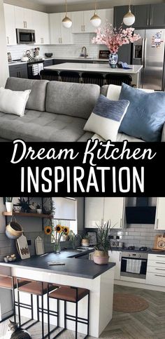 an open concept kitchen and living room with the words dream kitchen inspiration