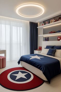 marvel bedroom with blue and red accents Avengers Bedroom Ideas, Marvel Nursery, Avengers Bedroom, Practical Furniture