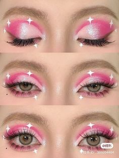 Candyland Eye Makeup, Pink Makeup Eyeliner, Easy Crazy Makeup Looks, Princess Peach Eye Makeup, Pop Makeup Looks, Pop Of Color Makeup Looks, Pink And Green Makeup Looks, Pink Editorial Makeup, Pink Eyeshadow Ideas