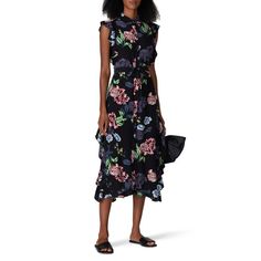 Black floral printed viscose poplin (100% Viscose). Hourglass. Sleeveless. V-neckline. Exposed center front button down. 50" from shoulder to hemline. Imported. Marissa Webb, Rent The Runway, Closet Designs, Button Down Dress, Floral Printed, Black Print, Black Floral, Print Dress, Ruffles