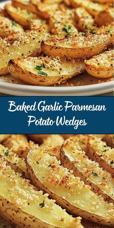 baked garlic parmesan potato wedges on a white plate with text overlay