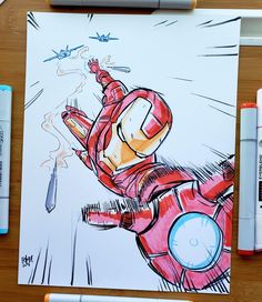 a drawing of iron man flying through the air