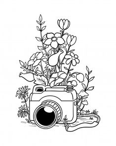 a black and white drawing of a camera with flowers