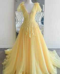 Yellow Evening Dress, Prom Dress Yellow, Yellow Evening Dresses, Lace Long Prom Dress, Dresses Yellow, A Line Evening Dress, Prom Dresses Yellow, Yellow Dresses