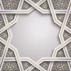 an intricate pattern with gold and silver accents on a gray background that looks like it has been cut out from paper