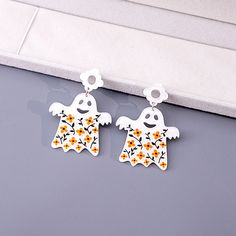 Material: Acrylic Fashion Element: Skull Style: Personality White Spooky Earrings For Party, Spooky White Earrings For Party, Spooky White Earrings For Halloween, Fun White Jewelry For Halloween, White Drop Earrings For Halloween, Fun White Halloween Earrings, Fun White Halloween Jewelry, Horror Earrings, Flower Ghost