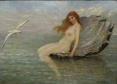 a painting of a mermaid sitting on an oyster shell in the ocean with seagulls flying around