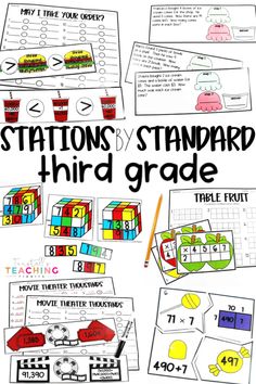 the stations and standards for third grade students to use in their math workbook,