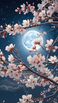 the full moon is shining brightly in the night sky with pink flowers on it's branches