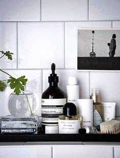 a shelf with bottles, soaps and other personal care items on it next to a potted plant