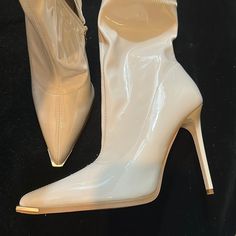 Fashion Nova Cream Color Patent Leather Look Ankle Boots. Pointy Toe With Gold Tone Metal 5 Inch Heel New Unworn Cream Pointed Toe Heeled Boots For Party, Trendy Cream Boots For Party, Trendy Cream Party Boots, Patent Leather Boots, 5 Inch Heels, Gold Tone Metal, Cream Color, Patent Leather, Fashion Nova