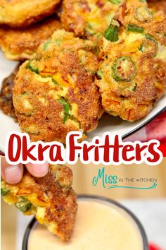 there is a plate with some food on it and the words okra fritters