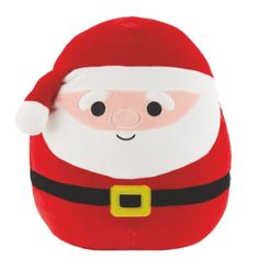 a santa clause stuffed animal sitting on top of a white surface