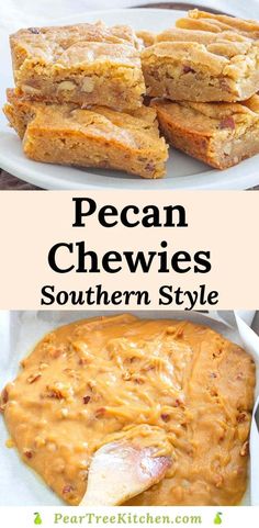 pecan cheesy southern style dessert on a white plate with text overlay