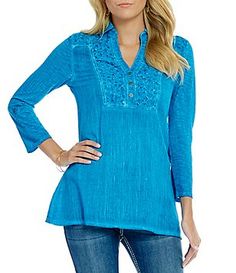 Reba Desert Sky Lace Detail Roll-Tab Shirt Fall Split Neck Tunic, Spring Peasant Top With 3/4 Sleeves, Peasant Style 3/4 Sleeve Tops For Spring, Peasant Style 3/4 Sleeve Spring Tops, Spring Long Sleeve Tunic With Embroidered Neckline, Casual Embroidered Top With 3/4 Sleeves For Spring, Embroidered Cotton Top With 3/4 Sleeves, Casual Embroidered Top With 3/4 Sleeves, Desert Sky