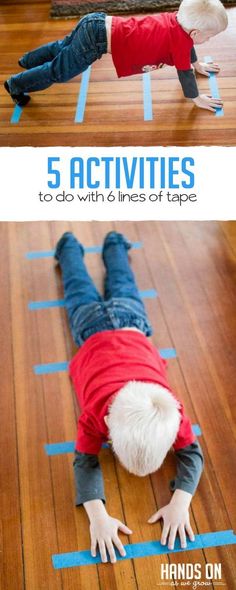 an image of a boy doing exercises on the floor with tape to make it look like he