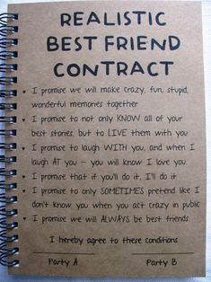 a notebook with the words realistic best friend contact written on it, in black ink