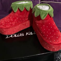 Dolls Kill X Strawberry Shortcake Fresh Patch Platform Boots No Box Included. No Longer Sold On The Site Dolls Kill Shoes, Goth Shoes, Strawberry Party, Box Color, Strawberry Shortcake, Platform Boots, Dolls Kill, Red Green, Fashion Inspo