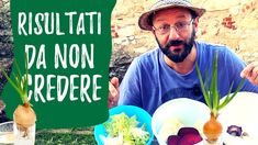 a man sitting in front of a table filled with fruits and vegetables next to a sign that says risultati da non credere