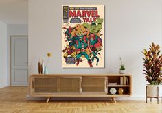 an old comic book cover is hanging on the wall