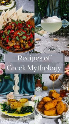 the cover of recipes of greek mythology, with plates of food and drinks on the table