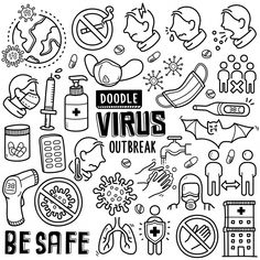 doodle virgos outline art with the words be safe and various items that can be