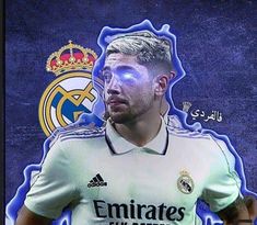 an image of a soccer player with blue light on his face and the words real madrid in arabic