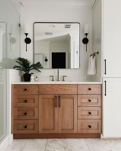 a bathroom with wooden cabinets and a large mirror above the sink, along with a plant